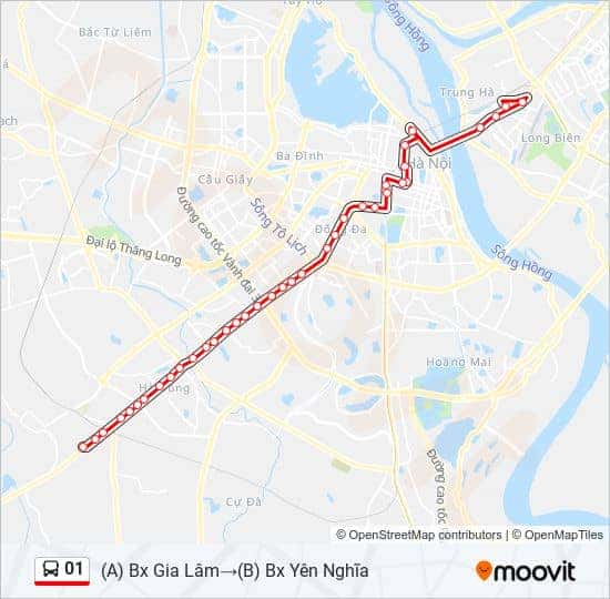 Bản đồ các điểm dừng của xe bus 01 Hà Nội từ Gia Lâm đến Yên Nghĩa