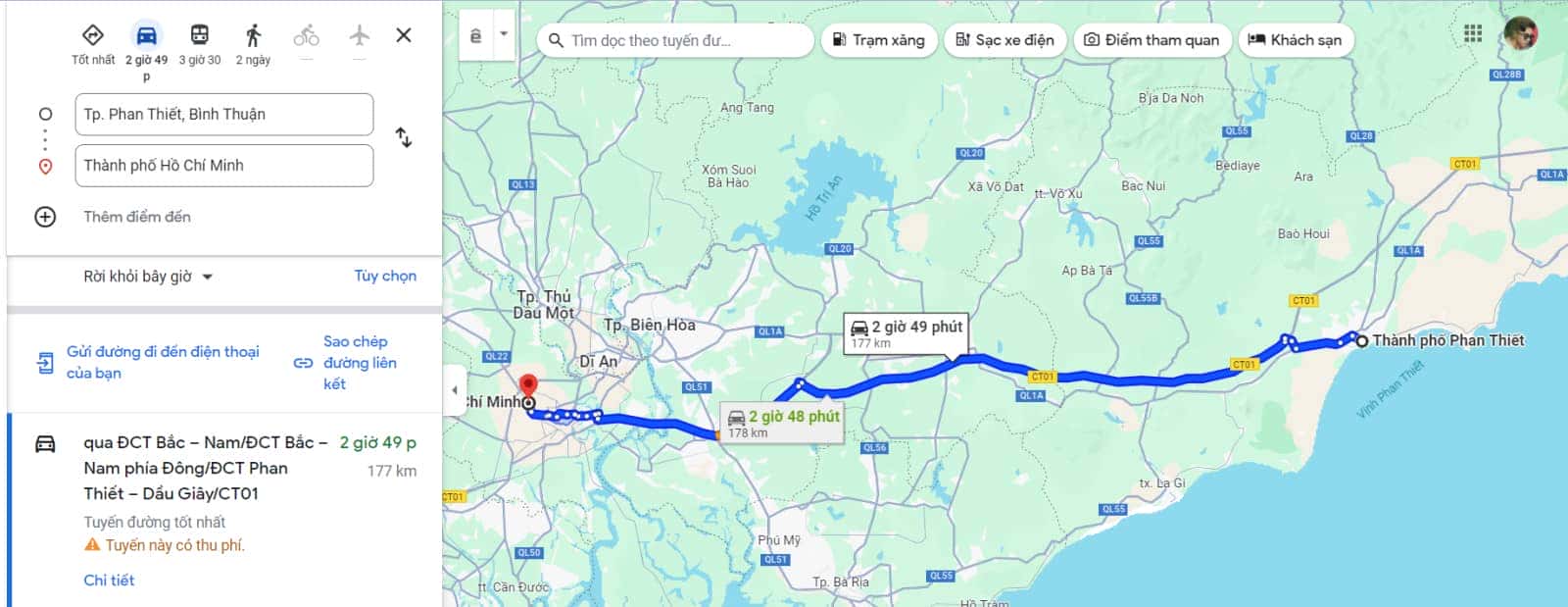 Bản đồ lộ trình di chuyển của xe khách tuyến Phan Thiết Sài Gòn