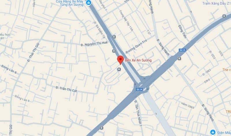 Bản đồ vị trí chiến lược của bến xe An Sương trên Quốc lộ 22, hiển thị hình ảnh của bến xe An Sương từ góc nhìn vệ tinh.