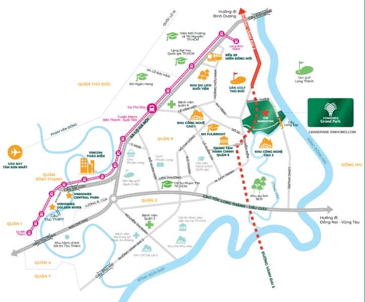 Bản đồ vị trí tổng thể Vinhomes Grand Park, giúp hình dung các tuyến xe bus kết nối