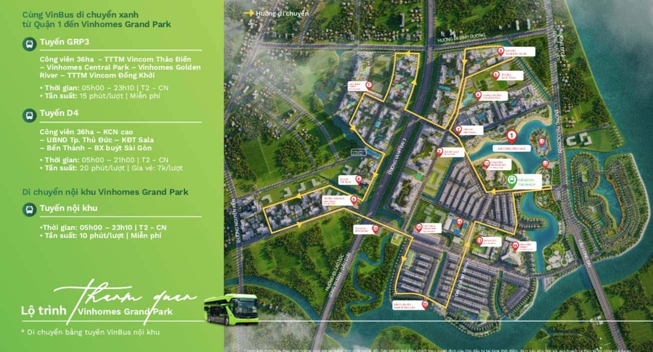 Các tuyến VinBus nội khu Vinhomes Grand Park với các màu sắc và lộ trình khác nhau