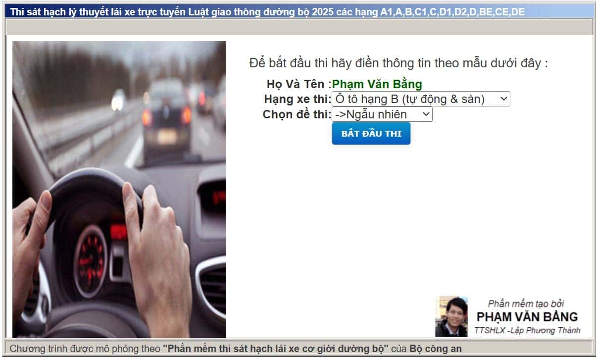 Giao diện phần mềm thi thử lý thuyết lái xe B1