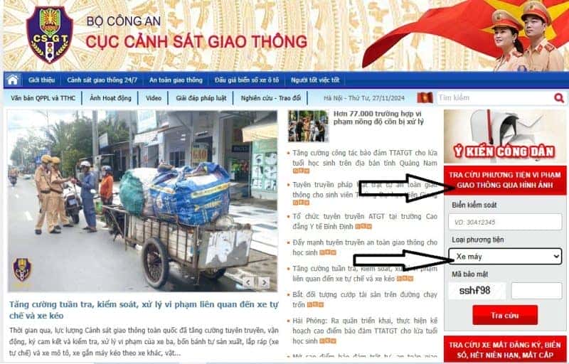 Giao diện tra cứu phạt nguội xe máy trực tuyến trên CSGT.vn