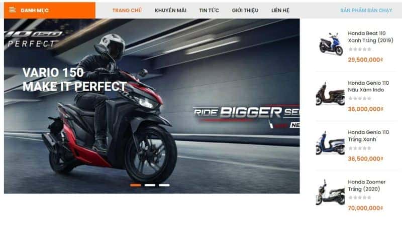 Giao diện website cửa hàng Xe máy nhập khẩu Sài Gòn với các mẫu xe đa dạng.