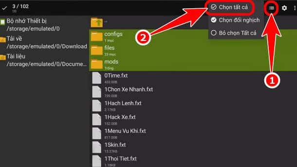 Giao diện ZArchiver chọn các file dữ liệu mod xe độ mới để dán vào game