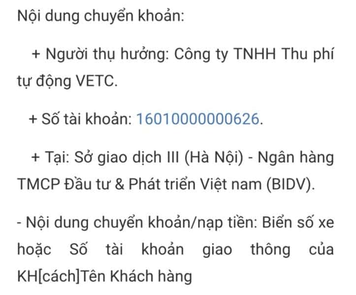 Hướng dẫn nội dung chuyển khoản để nạp tiền vào tài khoản VETC qua ngân hàng
