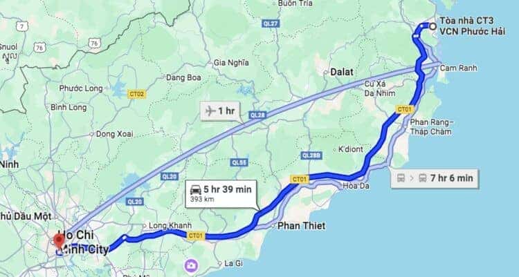 Lộ trình xe An Anh Limousine di chuyển từ Sài Gòn đi Nha Trang, thể hiện các điểm dừng chính.