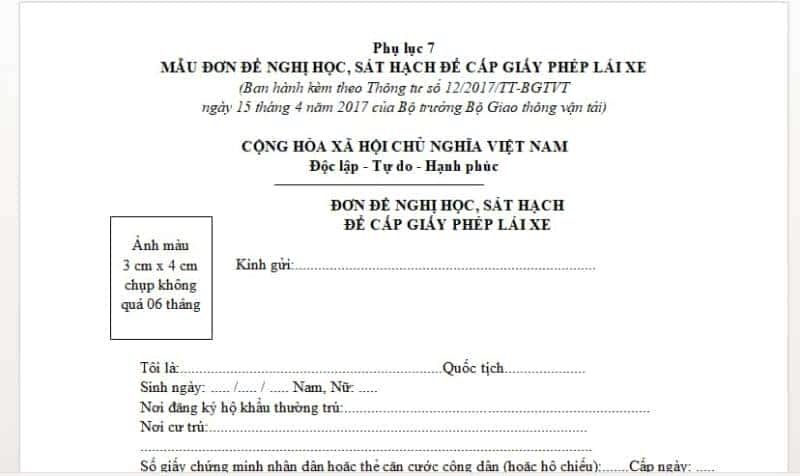 Mẫu đơn đề nghị học, sát hạch cấp giấy phép lái xe máy theo quy định