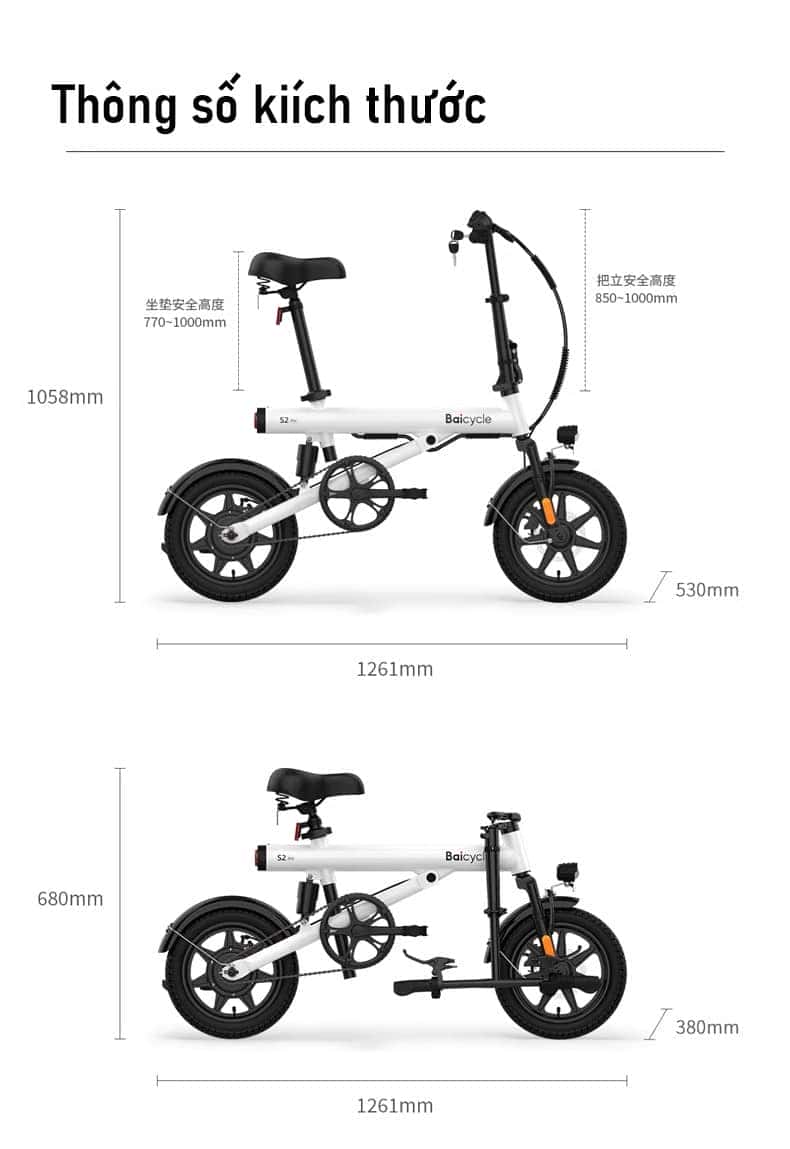 Sơ đồ kích thước chi tiết của mẫu xe đạp điện trợ lực Baicycle S2 Pro