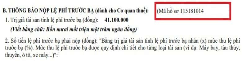 Thông báo nộp lệ phí trước bạ xe máy hiển thị mã hồ sơ