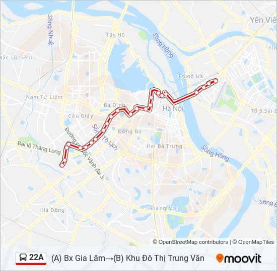 Bản đồ lộ trình chi tiết xe bus 22A đi qua những điểm chính tại Hà Nội