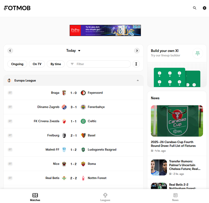 FotMob cập nhật tỷ số nhanh và thống kê trận đấu chi tiết