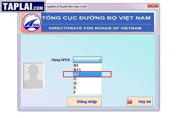 Chọn hạng thi trên app thi bằng lái xe B2 trên máy tính