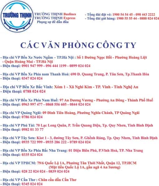 Danh sách văn phòng và tổng đài xe Trường Thịnh