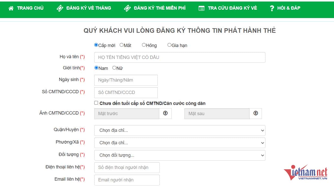 Giao diện điền thông tin làm thẻ xe buýt miễn phí online