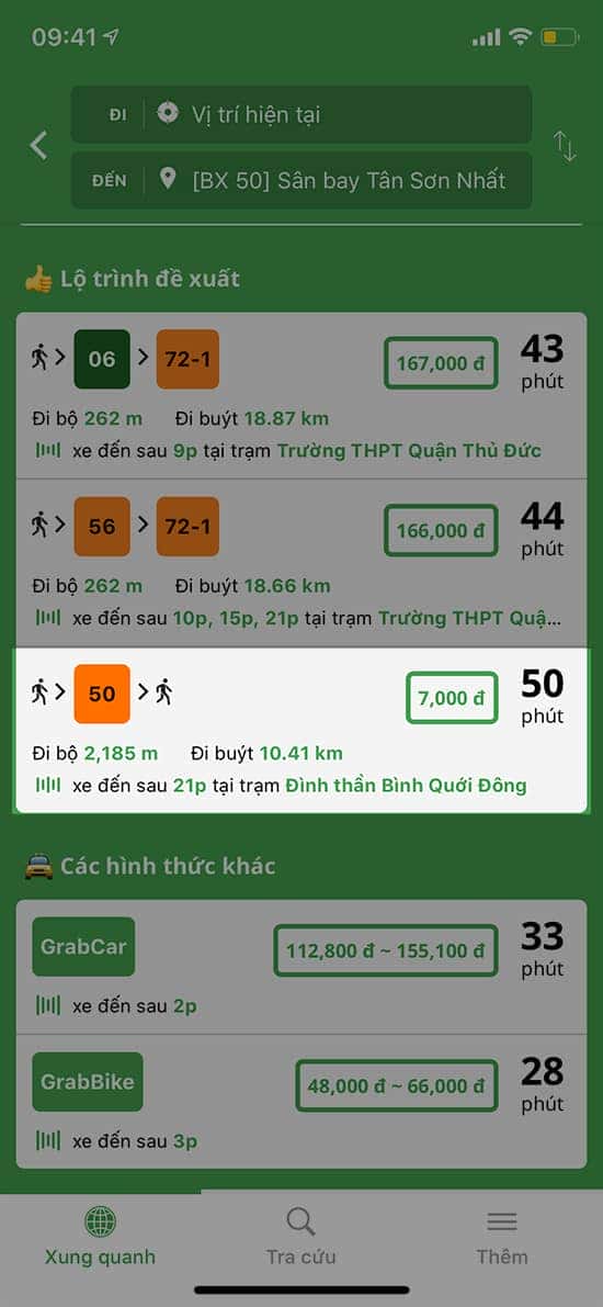 Giao diện Go!Bus đề xuất lộ trình xe buýt