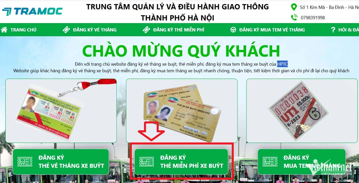 Màn hình chọn chức năng đăng ký thẻ xe buýt miễn phí