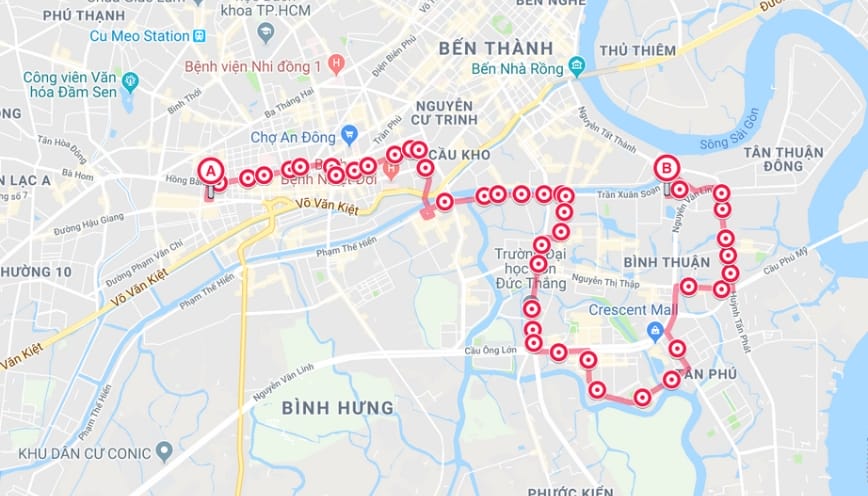 Lộ trình chiều đi của tuyến xe bus kết nối Hà Đông với sân bay Nội Bài