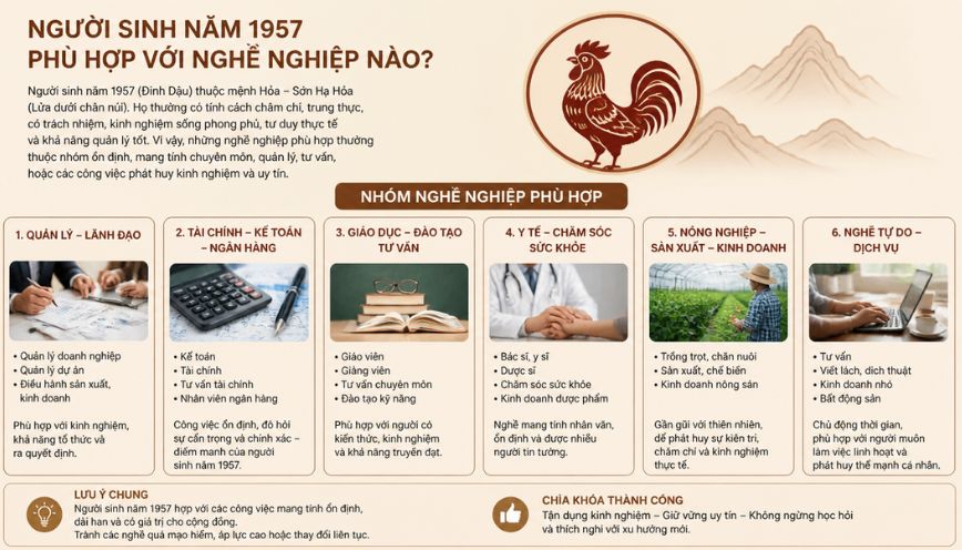 Người sinh năm 1957 phù hợp với nghề nghiệp nào?