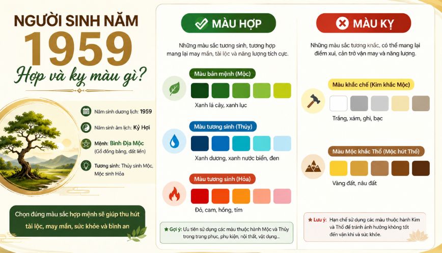Người sinh năm 1959 hợp và kỵ màu gì?