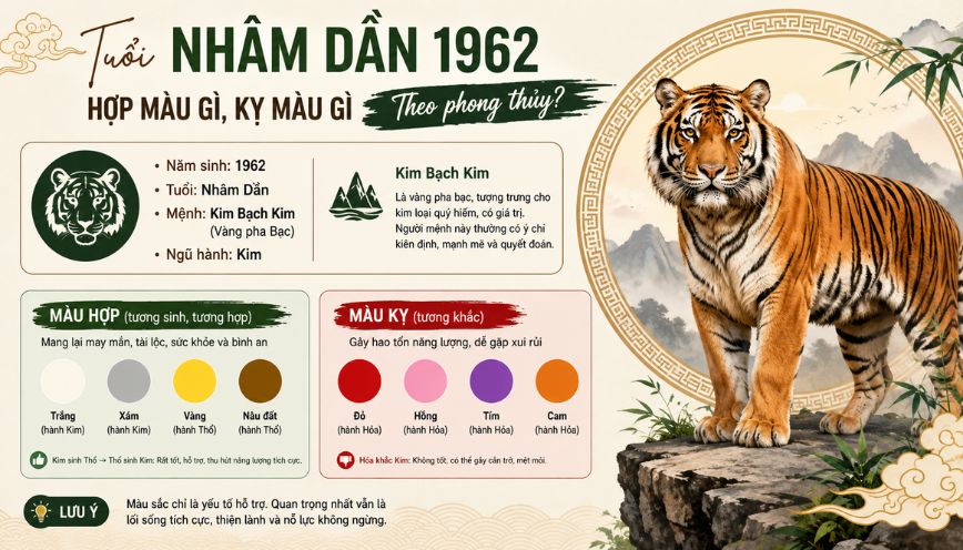 Tuổi Nhâm Dần 1962 hợp màu gì, kỵ màu gì theo phong thủy?