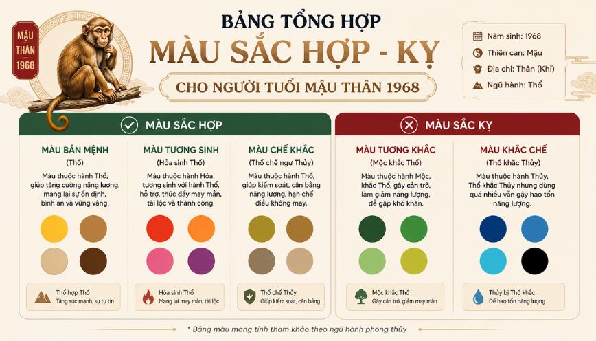 Bảng tổng hợp màu sắc hợp - kỵ cho người tuổi Mậu Thân 1968