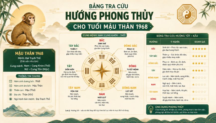 Bảng tra cứu hướng phong thủy cho tuổi Mậu Thân 1968