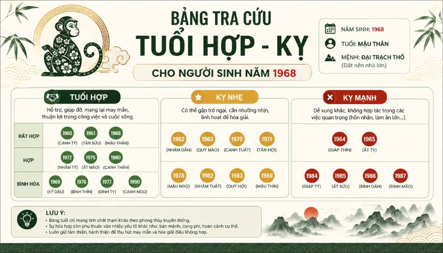Bảng tra cứu tuổi hợp - kỵ cho người sinh năm 1968