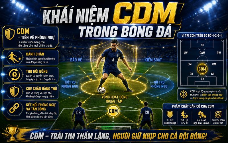 CDM là tiền vệ phòng ngự trung tâm trong hệ thống chiến thuật bóng đá