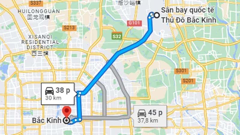 Bản đồ chỉ dẫn đường di chuyển từ sân bay đến trung tâm thủ đô Bắc Kinh