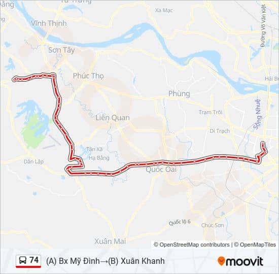 Bản đồ lộ trình chi tiết xe buýt 74 Mỹ Đình - Xuân Khanh