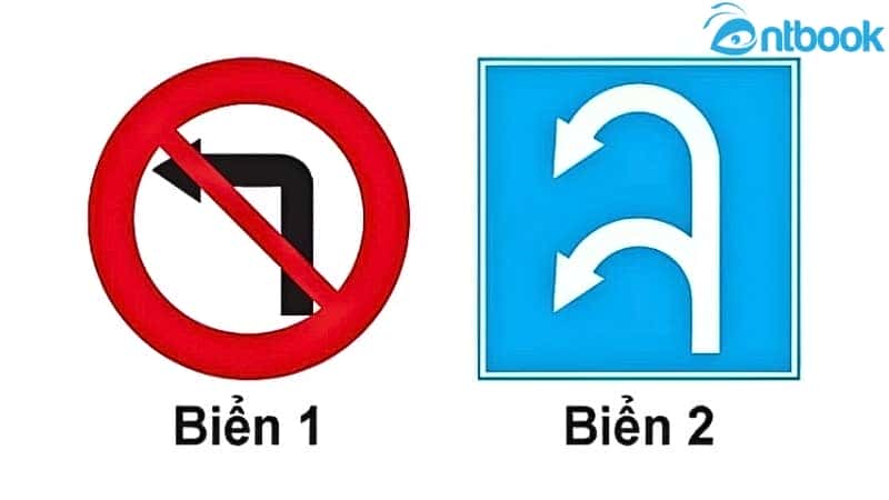 Biển báo cấm rẽ trái và biển khu vực quay xe cho biết vị trí nào xe quay đầu không bị cấm.