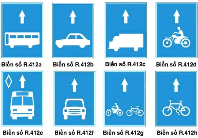 Biển báo R.412 chỉ dẫn làn đường dành riêng cho từng loại phương tiện, giúp tài xế tuân thủ luật giao thông.