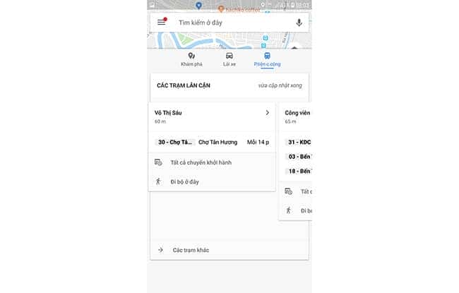 Các tuyến xe buýt hiển thị trên Google Maps sau khi nhập điểm xuất phát và điểm đến