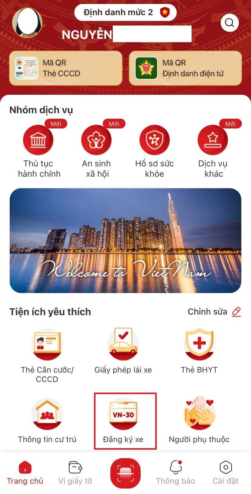 Chọn mục Đăng ký xe trên VNeID để bắt đầu tích hợp