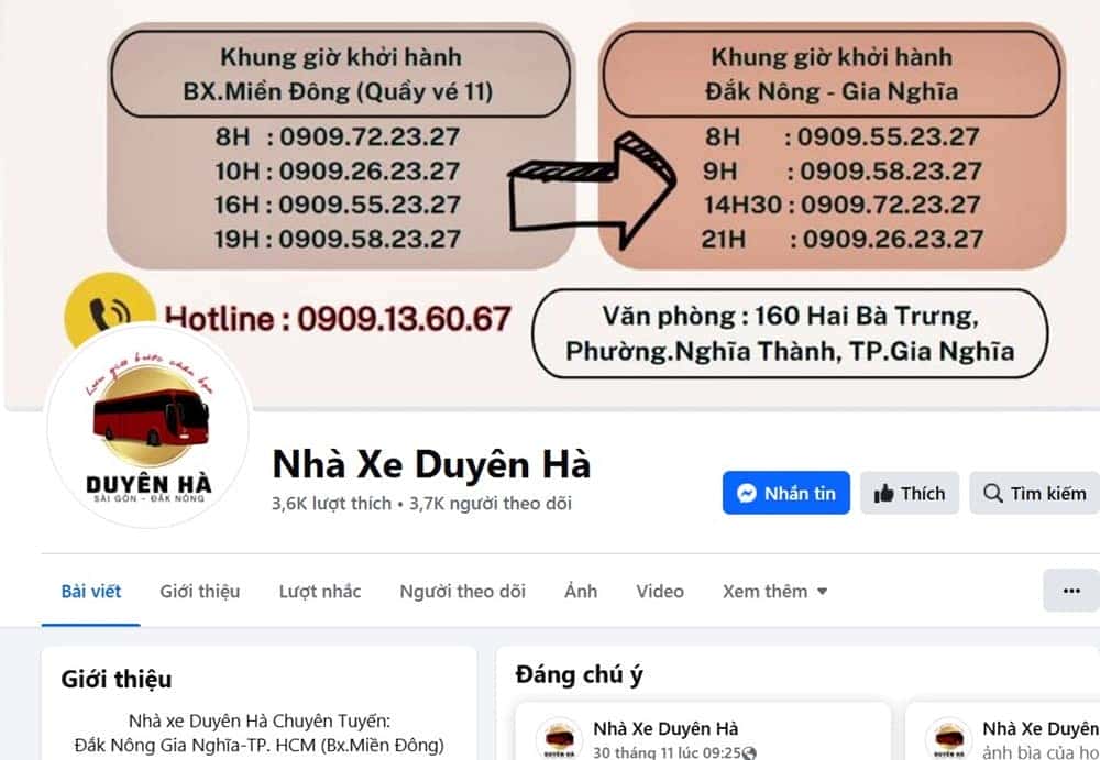 Đặt vé nhà xe Duyên Hà dễ dàng qua Fanpage trên Facebook