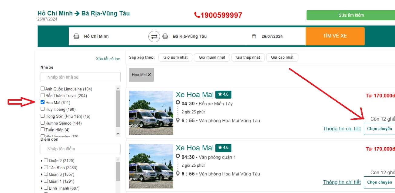 Giao diện đặt vé xe Hoa Mai trực tuyến tiện lợi cho chuyến đi từ TPHCM