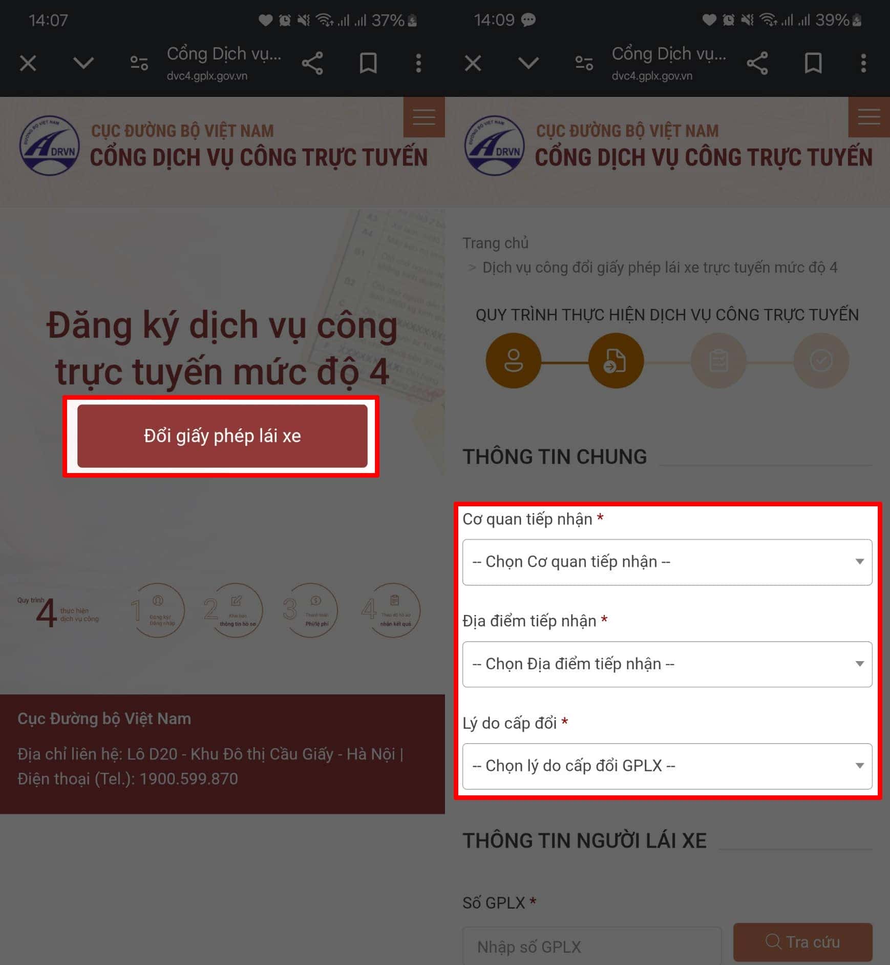 Giao diện điện thoại khi thực hiện đổi giấy phép lái xe ô tô hạng C online