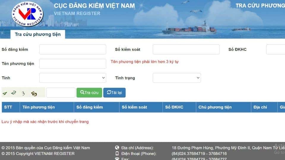 Giao diện tra cứu thông tin biển số xe online của Cục Đăng kiểm Việt Nam