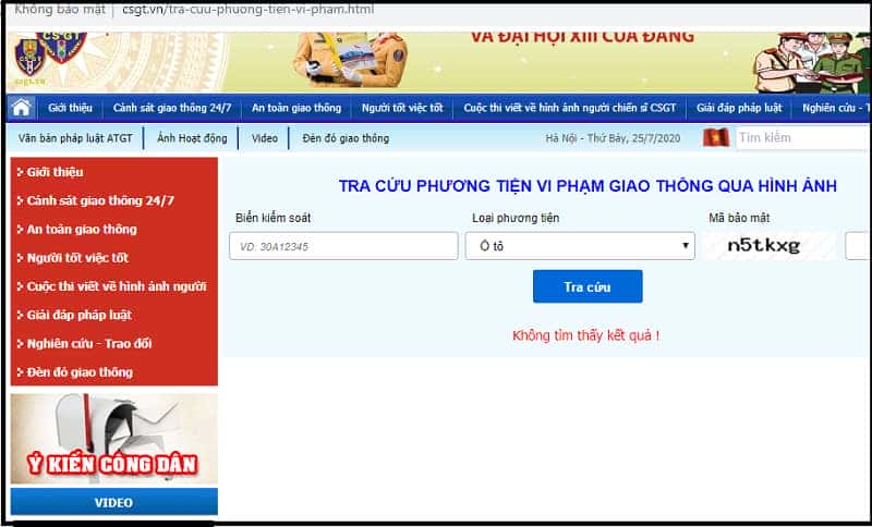Giao diện trang web tra cứu vi phạm giao thông của CSGT
