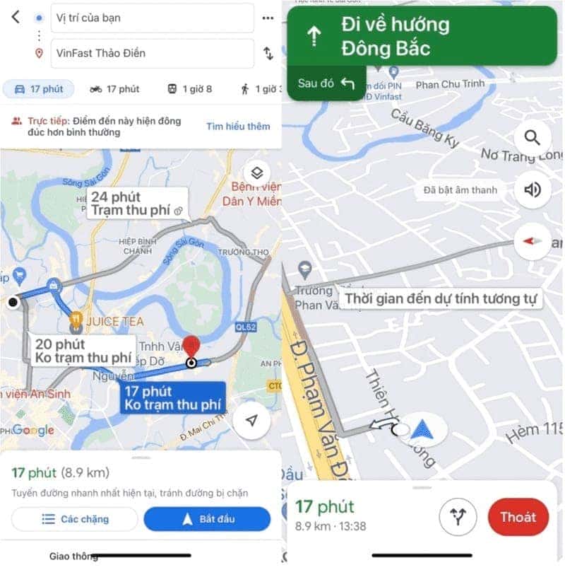 Giao diện ứng dụng Google Maps hiển thị đường đi và phương tiện