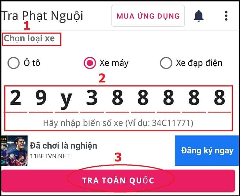Hướng dẫn nhập biển số xe để tra cứu phạt nguội trên ứng dụng