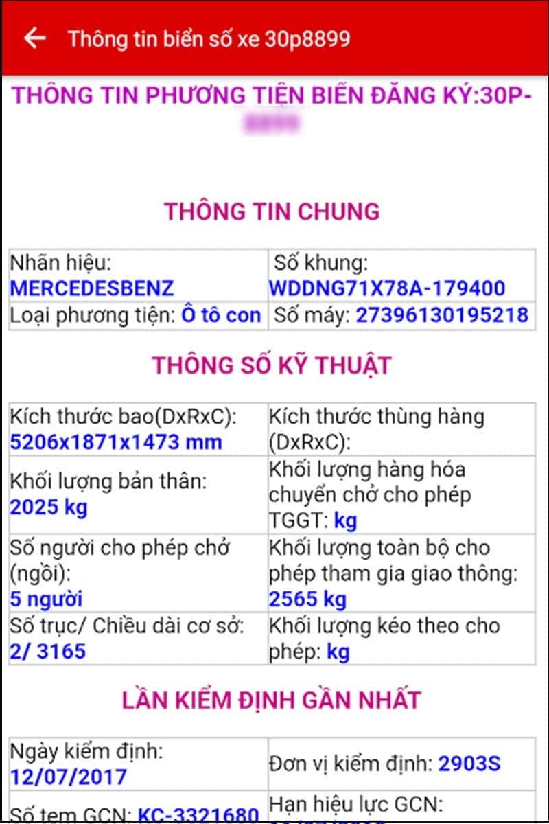Kết quả tra cứu biển số xe ô tô hiển thị chi tiết các thông tin liên quan đến phương tiện