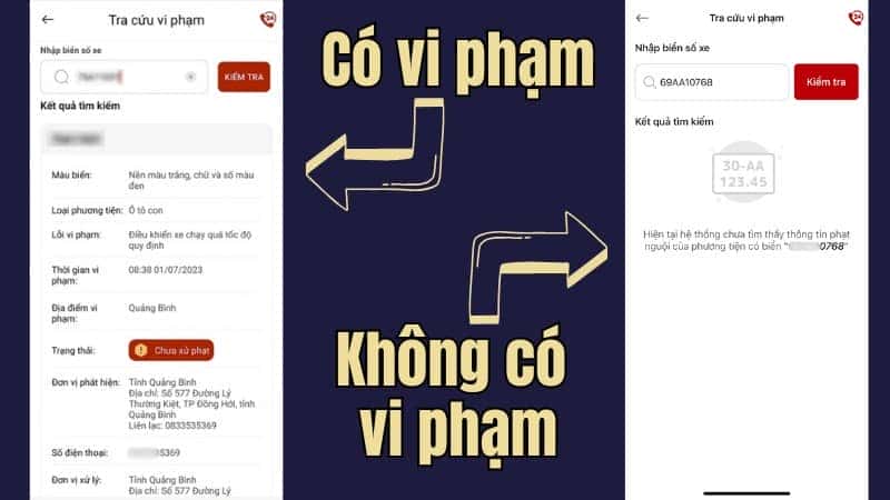 Kết quả tra cứu phạt nguội hiển thị trên VNeTraffic