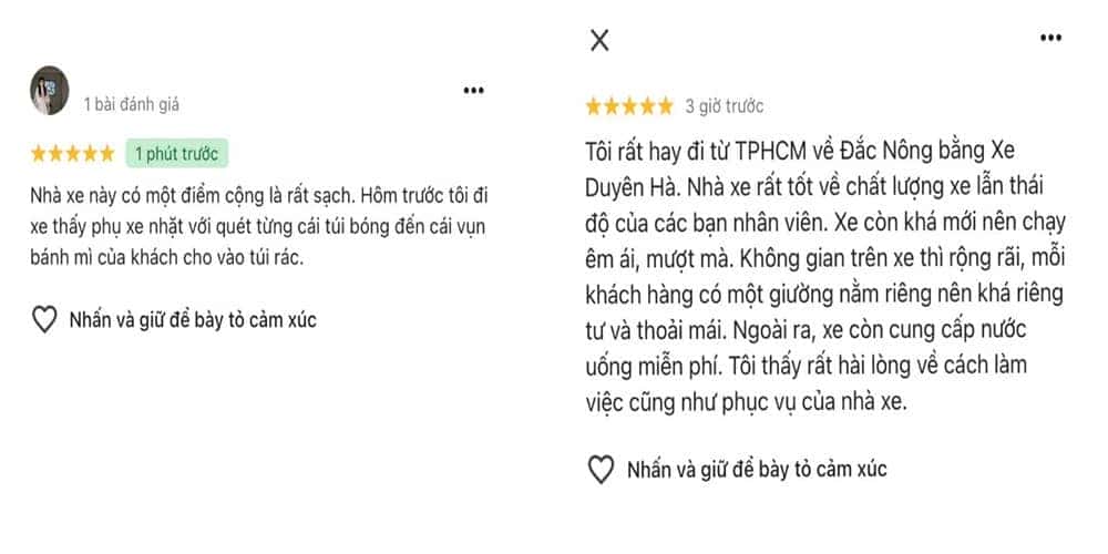 Khách hàng đánh giá cao về chất lượng dịch vụ của nhà xe Duyên Hà trên Google Maps