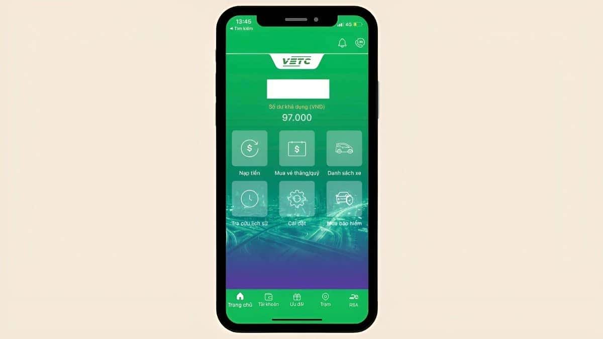 Màn hình điện thoại hiển thị ứng dụng VETC với các lựa chọn đăng ký và nạp tiền