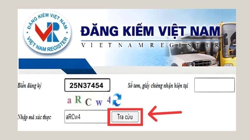 Màn hình hiển thị kết quả tra cứu thông tin xe sau khi nhập dữ liệu