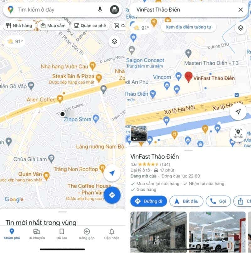 Màn hình tìm kiếm địa điểm trên Google Maps để chỉ đường xe máy