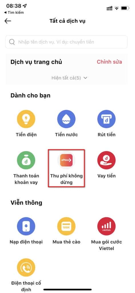 Màn hình ứng dụng Viettel Money chọn mục Thu phí không dừng