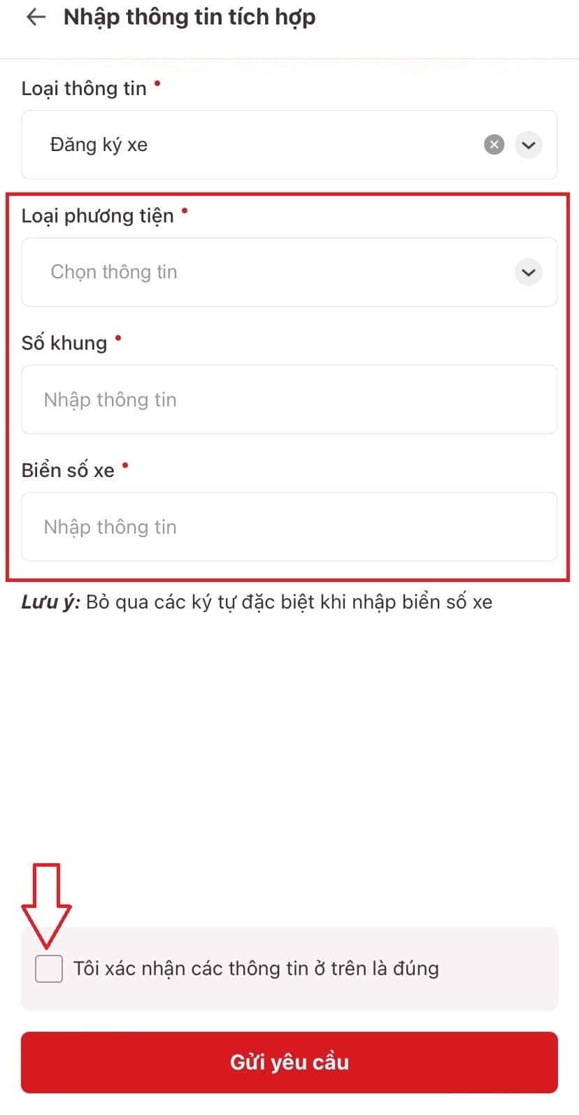 Nhập thông tin đăng ký xe và xác nhận để tích hợp vào VNeID